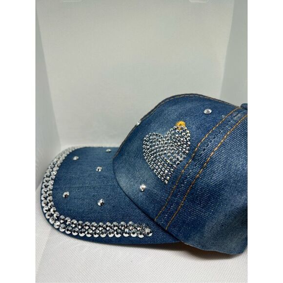 Rhinestone Heart Denim Baseball Cap – Sparkly Bling Jeweled Hat - Picture 2 of 4